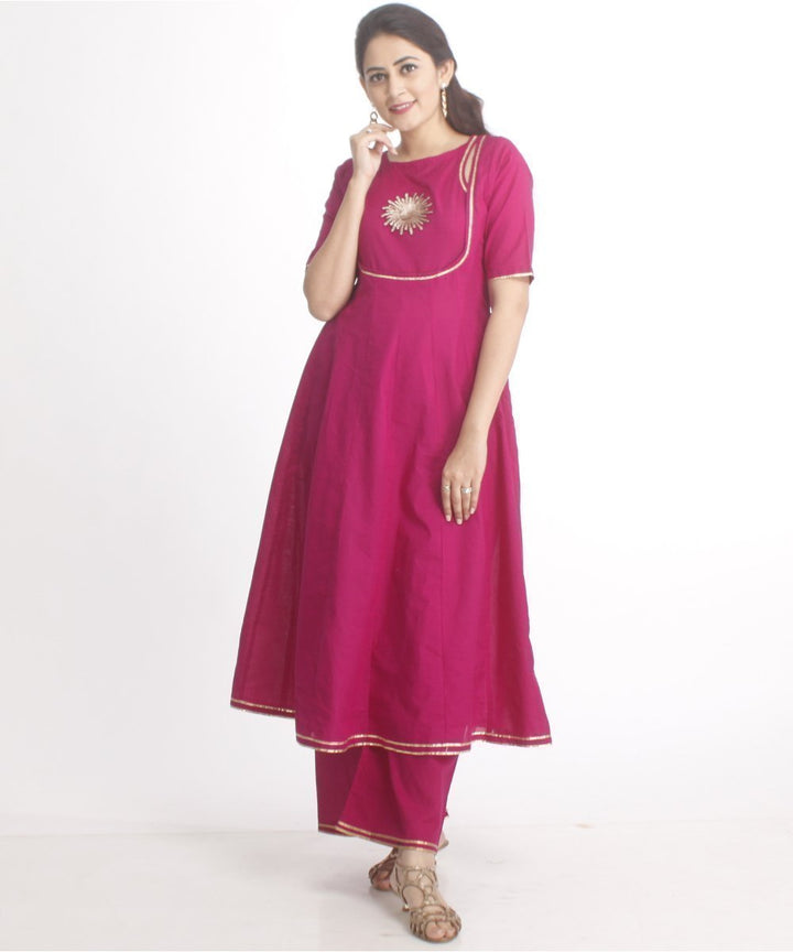 anokherang Combos Purple Flower Anarkali with Straight Palazzo and Black Mirror Work Stole