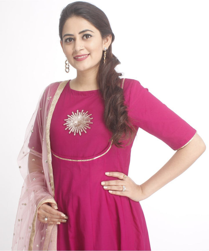 anokherang Combos Purple Flower Anarkali with Straight Palazzo and Net Sequenced Dupatta