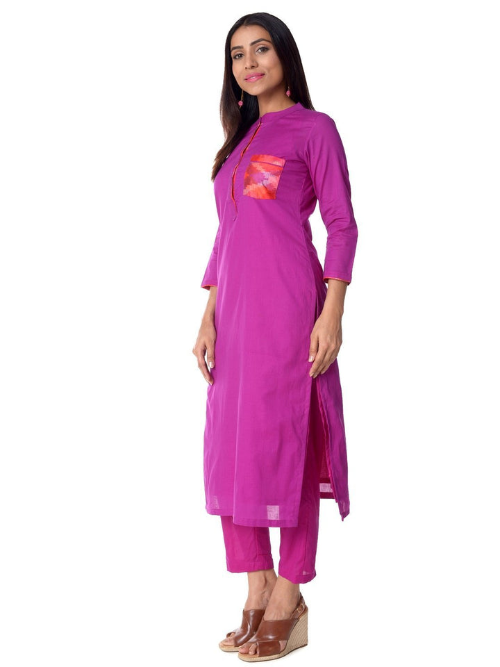 anokherang Combos Purple Ikkat Pocket Straight Kurti with Pants