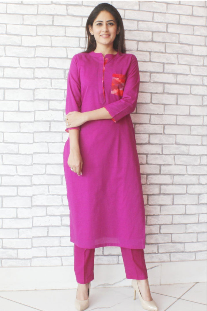 anokherang Combos Purple Ikkat Pocket Straight Kurti with Pants