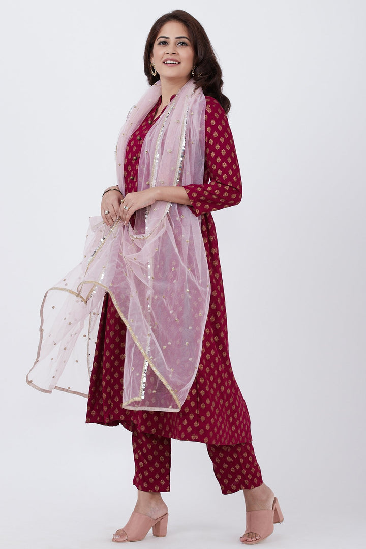 anokherang Combos Purple Khadhi Side Gathered Kurti and Pants with Net Dupatta