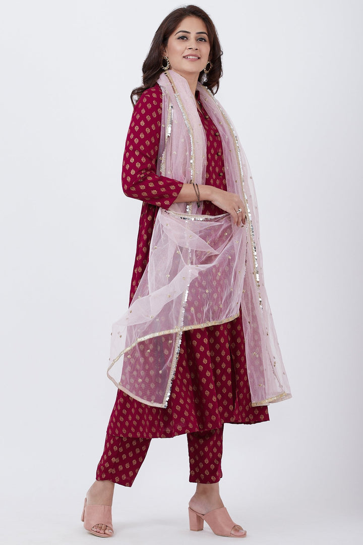 anokherang Combos Purple Khadhi Side Gathered Kurti and Pants with Net Dupatta