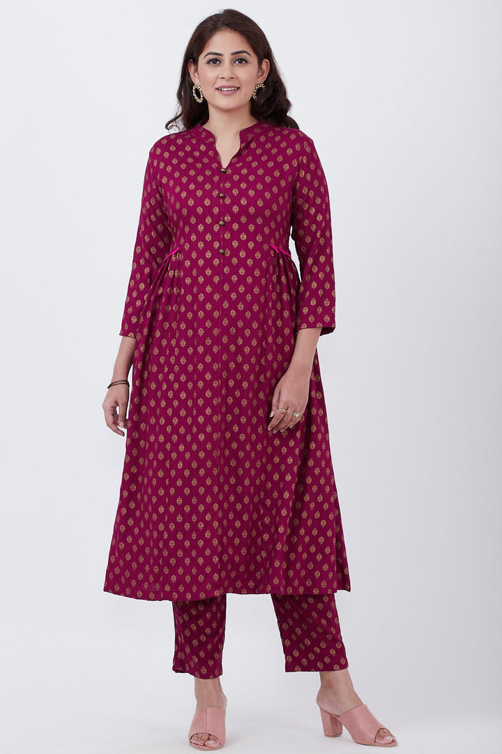 anokherang Combos Purple Khadhi Side Gathered Kurti with Printed Pants