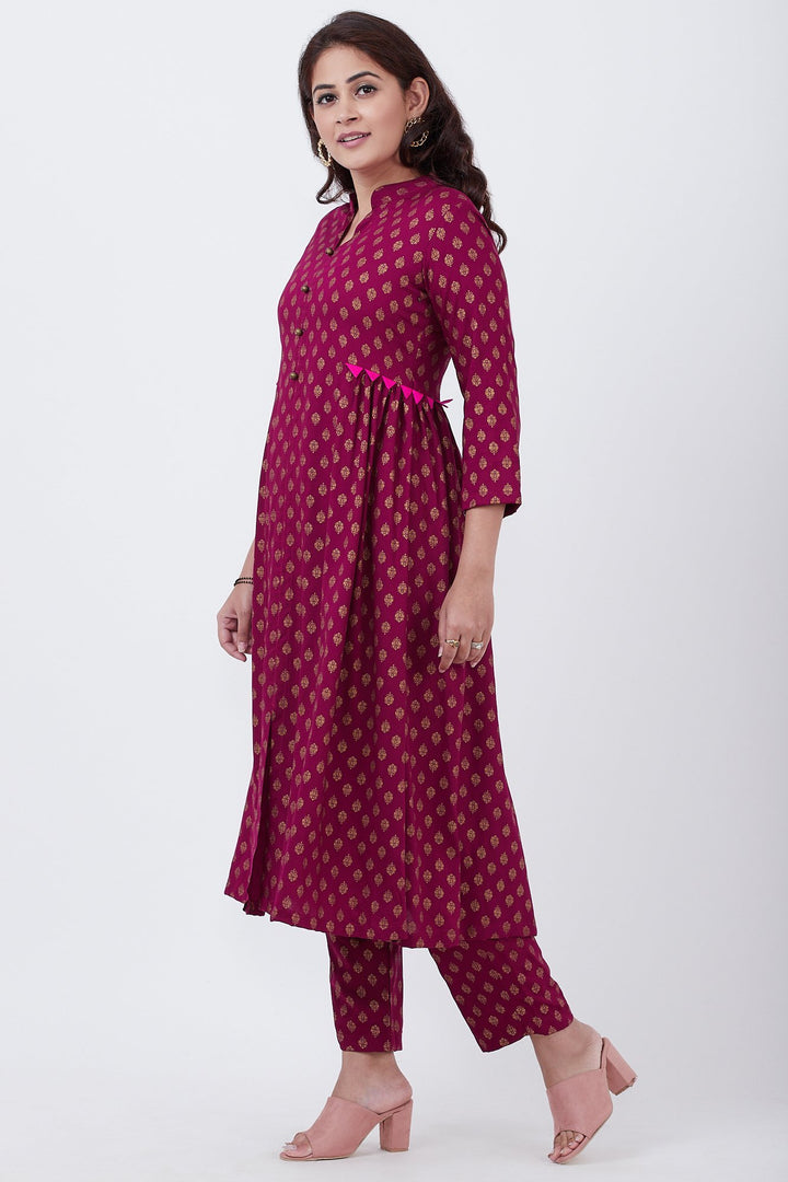 anokherang Combos Purple Khadhi Side Gathered Kurti with Printed Pants