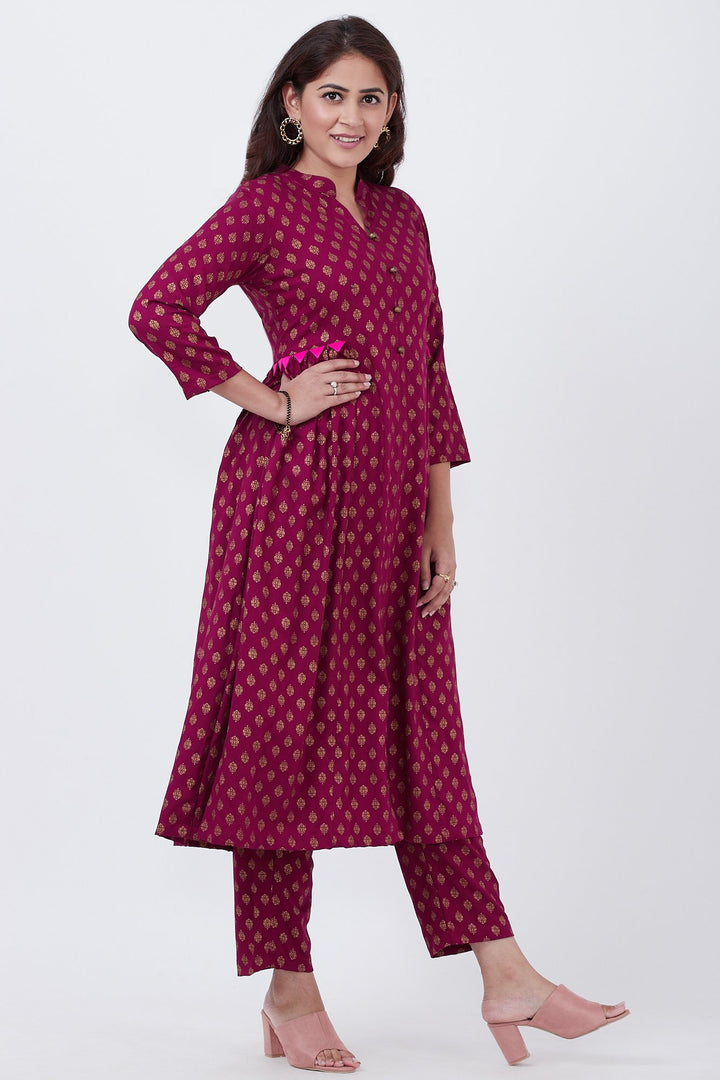 anokherang Combos Purple Khadhi Side Gathered Kurti with Printed Pants