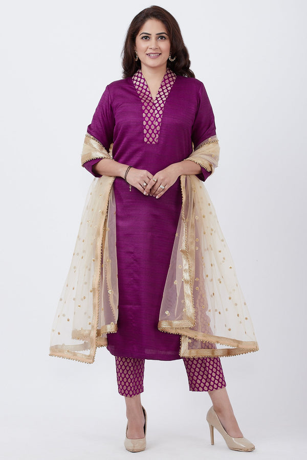 anokherang Combos Purple Kurti and Brocade Straight Pants with Gold Net Sequins Dupatta