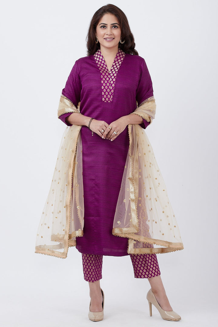anokherang Combos Purple Kurti and Brocade Straight Pants with Gold Net Sequins Dupatta