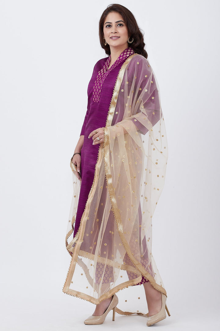 anokherang Combos Purple Kurti and Brocade Straight Pants with Gold Net Sequins Dupatta
