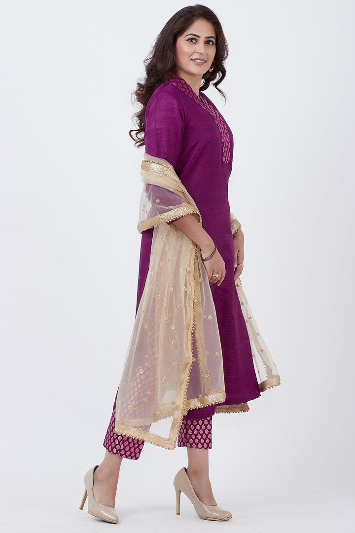 anokherang Combos Purple Kurti and Brocade Straight Pants with Gold Net Sequins Dupatta