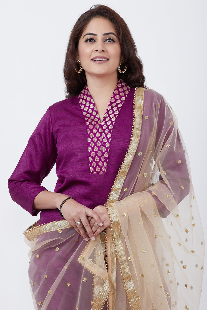 anokherang Combos Purple Kurti and Brocade Straight Pants with Gold Net Sequins Dupatta