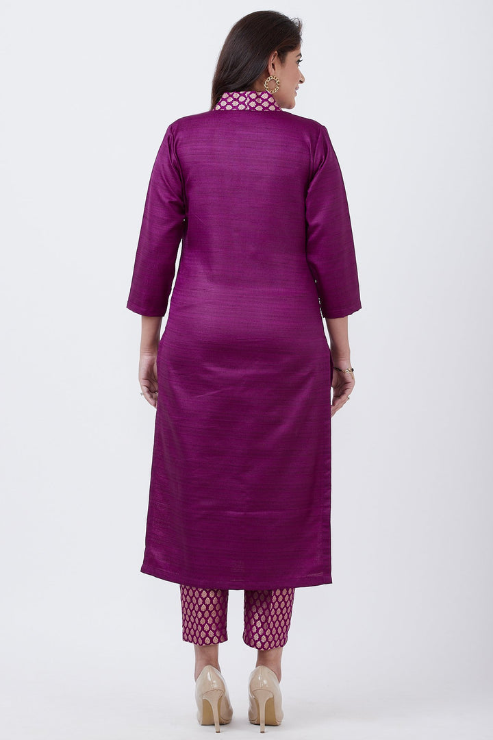 anokherang Combos Purple Kurti and Brocade Straight Pants with Gold Net Sequins Dupatta
