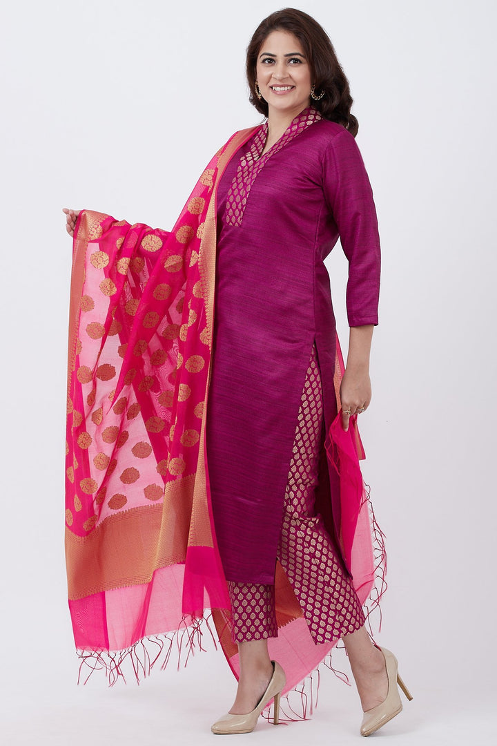 anokherang Combos Purple Kurti and Brocade Straight Pants with Pink Chanderi Banarsi Dupatta