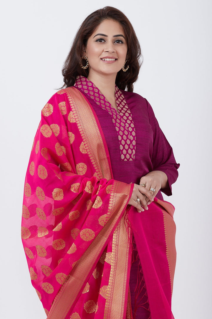 anokherang Combos Purple Kurti and Brocade Straight Pants with Pink Chanderi Banarsi Dupatta