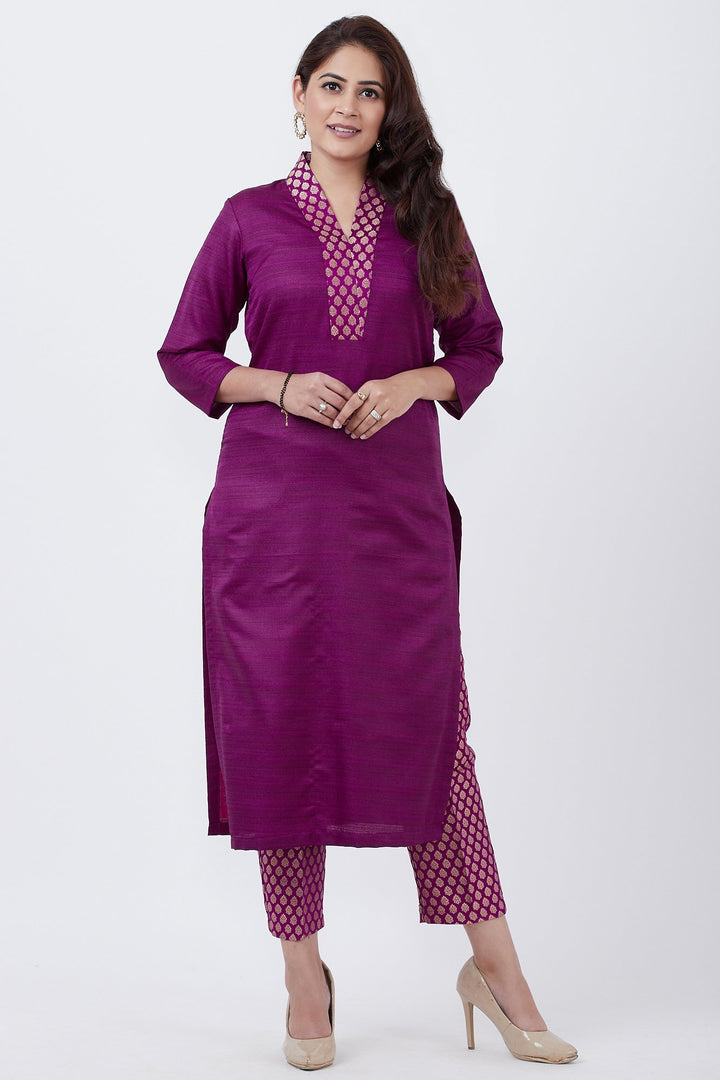 anokherang Combos Purple Kurti with Brocade Straight Pants