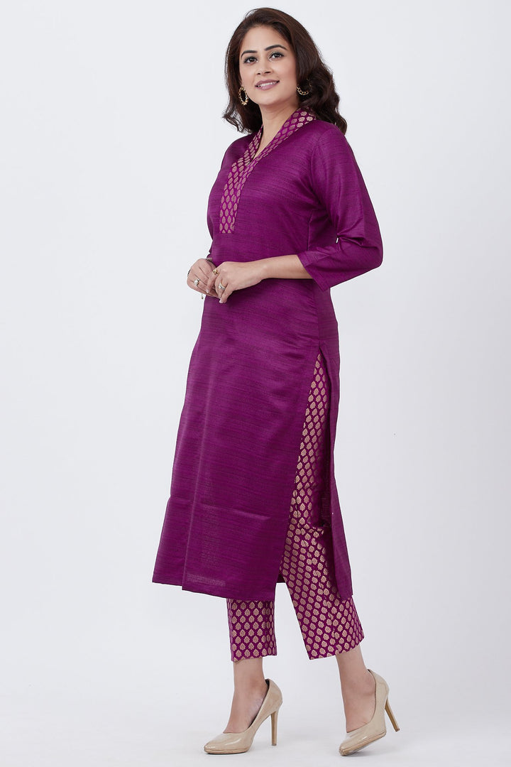 anokherang Combos Purple Kurti with Brocade Straight Pants