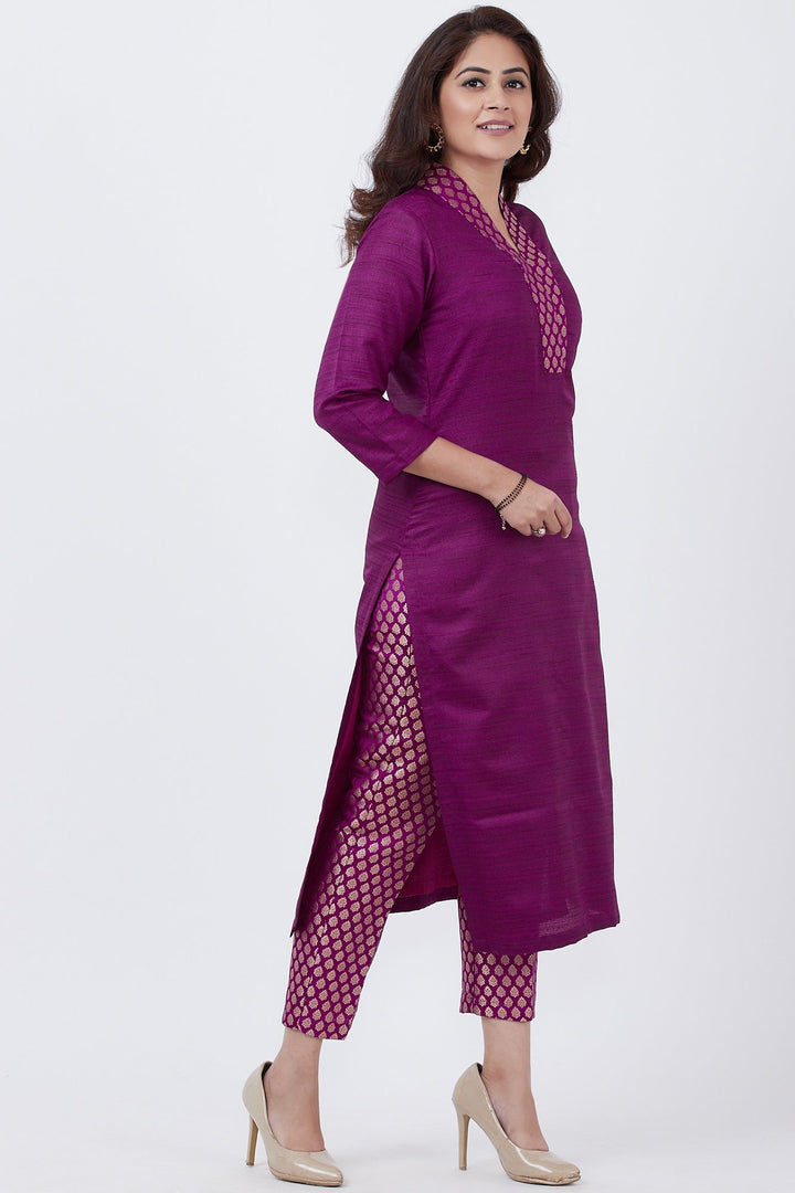 anokherang Combos Purple Kurti with Brocade Straight Pants