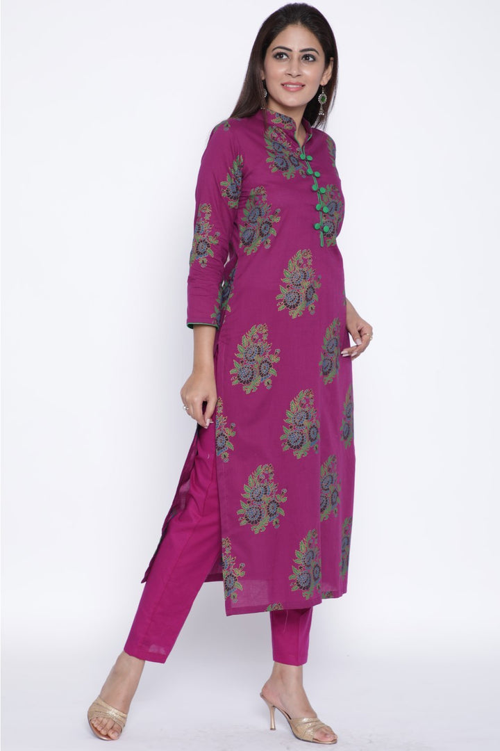 anokherang Combos Purple Printed Straight Kurti with Pants