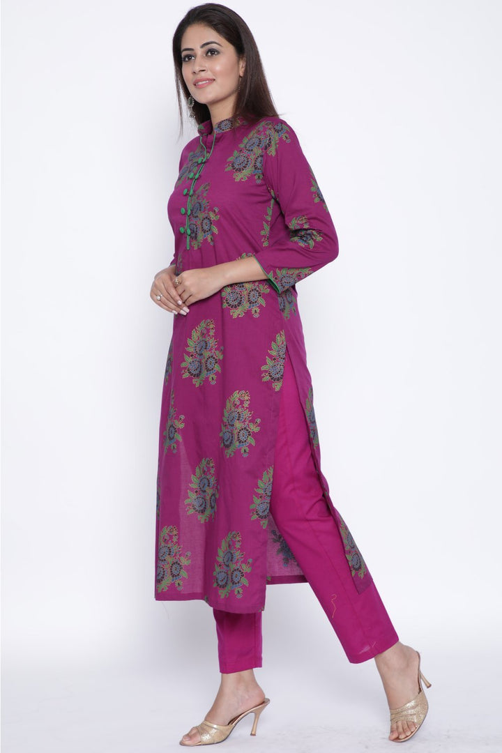 anokherang Combos Purple Printed Straight Kurti with Pants