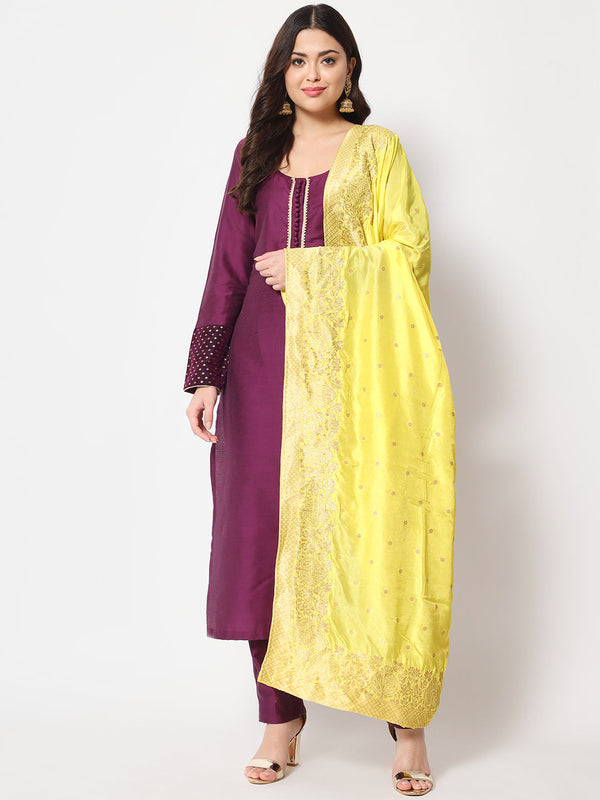 anokherang Combos Purple Smiles Straight Kurti with Pants and Yellow Ethnic Dupatta