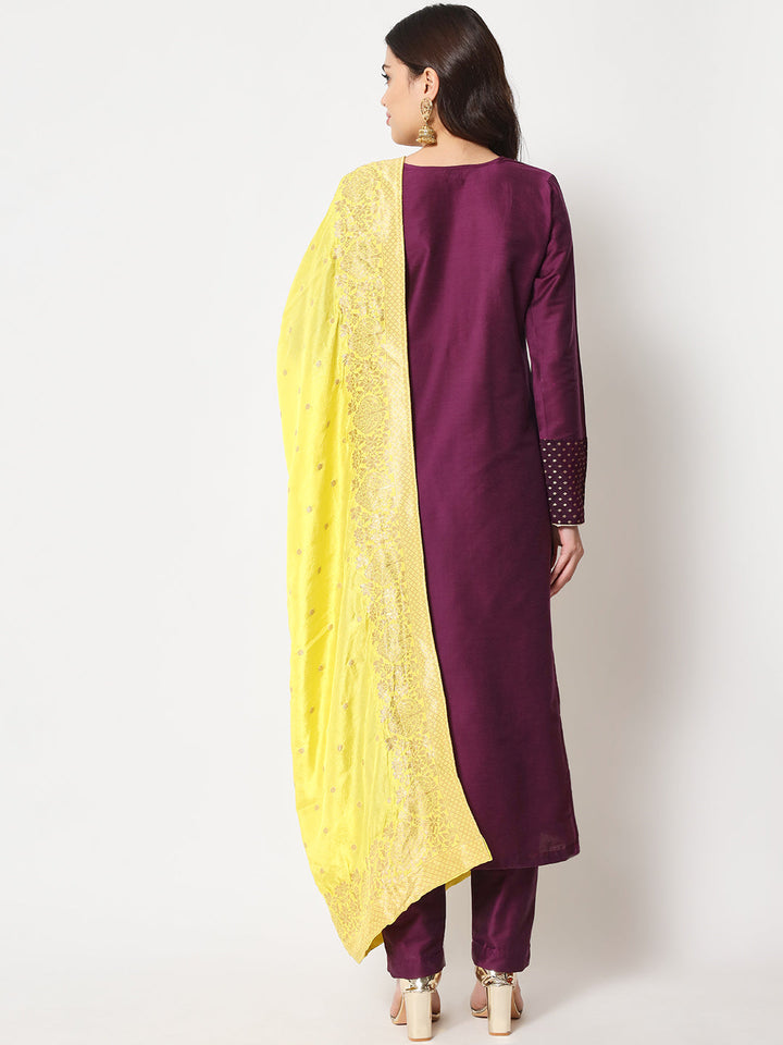 anokherang Combos Purple Smiles Straight Kurti with Pants and Yellow Ethnic Dupatta