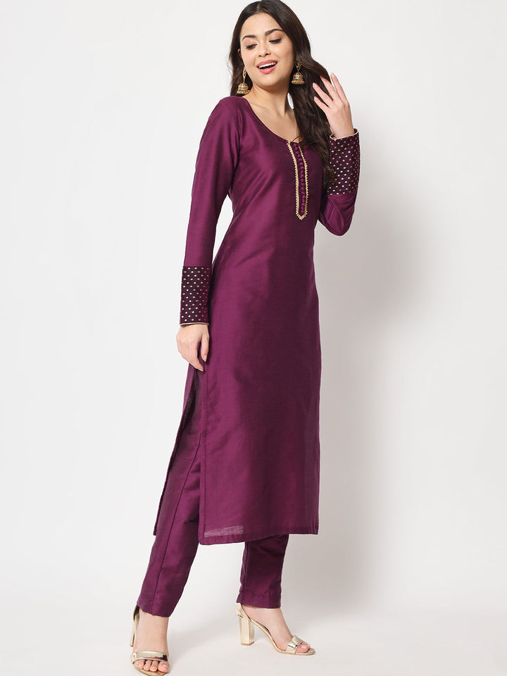 anokherang Combos Purple Smiles Straight Kurti with Pants and Yellow Ethnic Dupatta