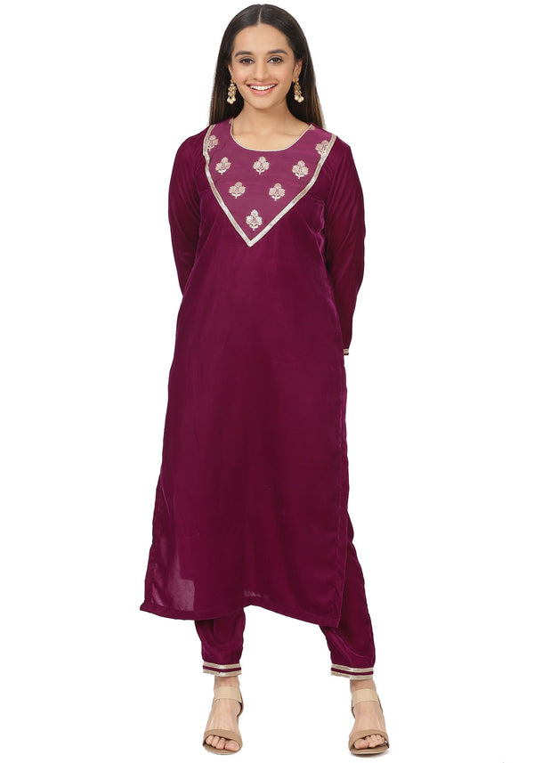 anokherang Combos Purple Velvet Banarasi Yoke Velvet Kurti with Straight Pants