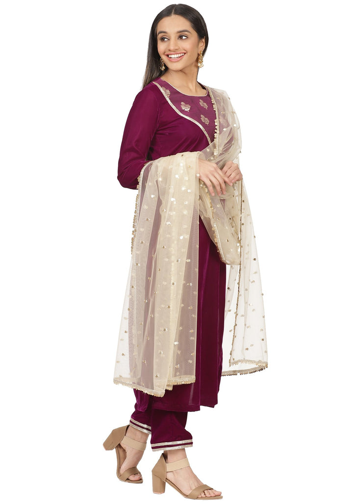 anokherang Combos Purple Velvet Banarasi Yoke Velvet Kurti with Straight Pants and Gold Sequin Dupatta