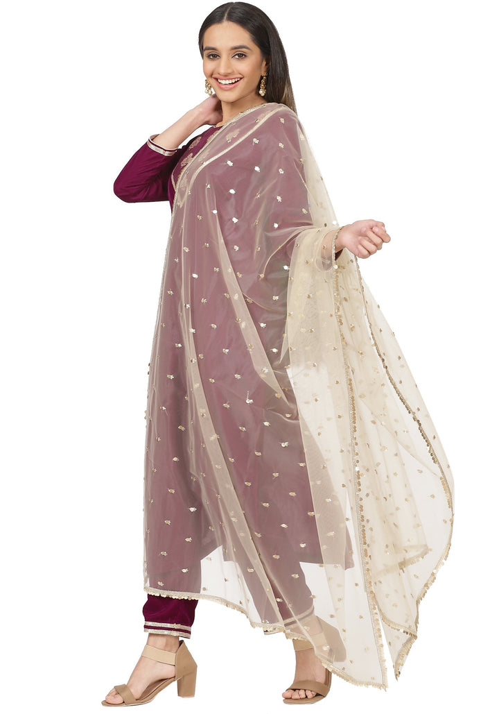 anokherang Combos Purple Velvet Banarasi Yoke Velvet Kurti with Straight Pants and Gold Sequin Dupatta