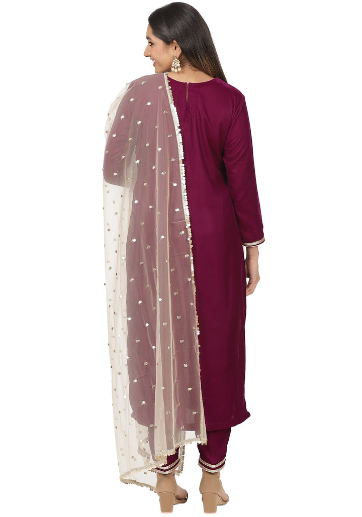 anokherang Combos Purple Velvet Banarasi Yoke Velvet Kurti with Straight Pants and Gold Sequin Dupatta
