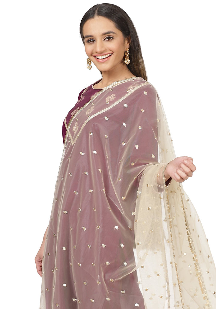 anokherang Combos Purple Velvet Banarasi Yoke Velvet Kurti with Straight Pants and Gold Sequin Dupatta