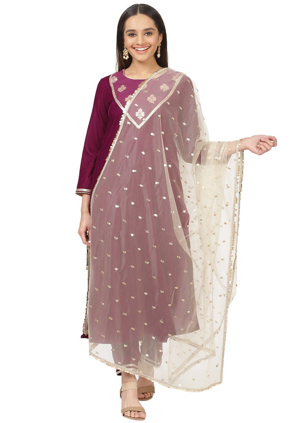 anokherang Combos Purple Velvet Banarasi Yoke Velvet Kurti with Straight Pants and Gold Sequin Dupatta