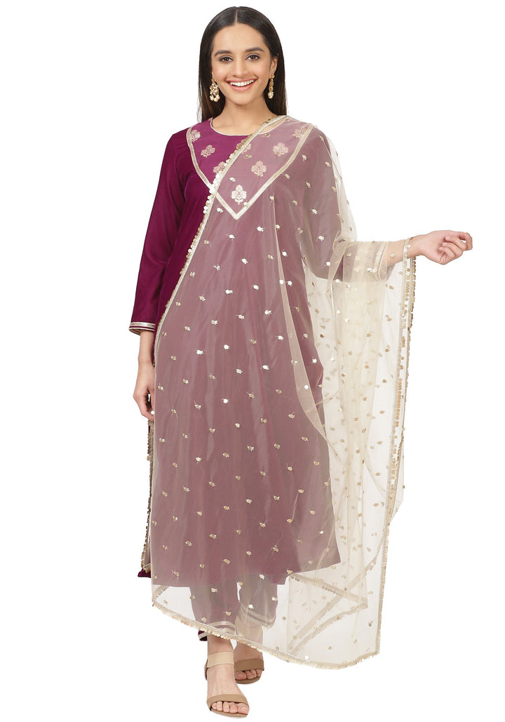 anokherang Combos Purple Velvet Banarasi Yoke Velvet Kurti with Straight Pants and Gold Sequin Dupatta