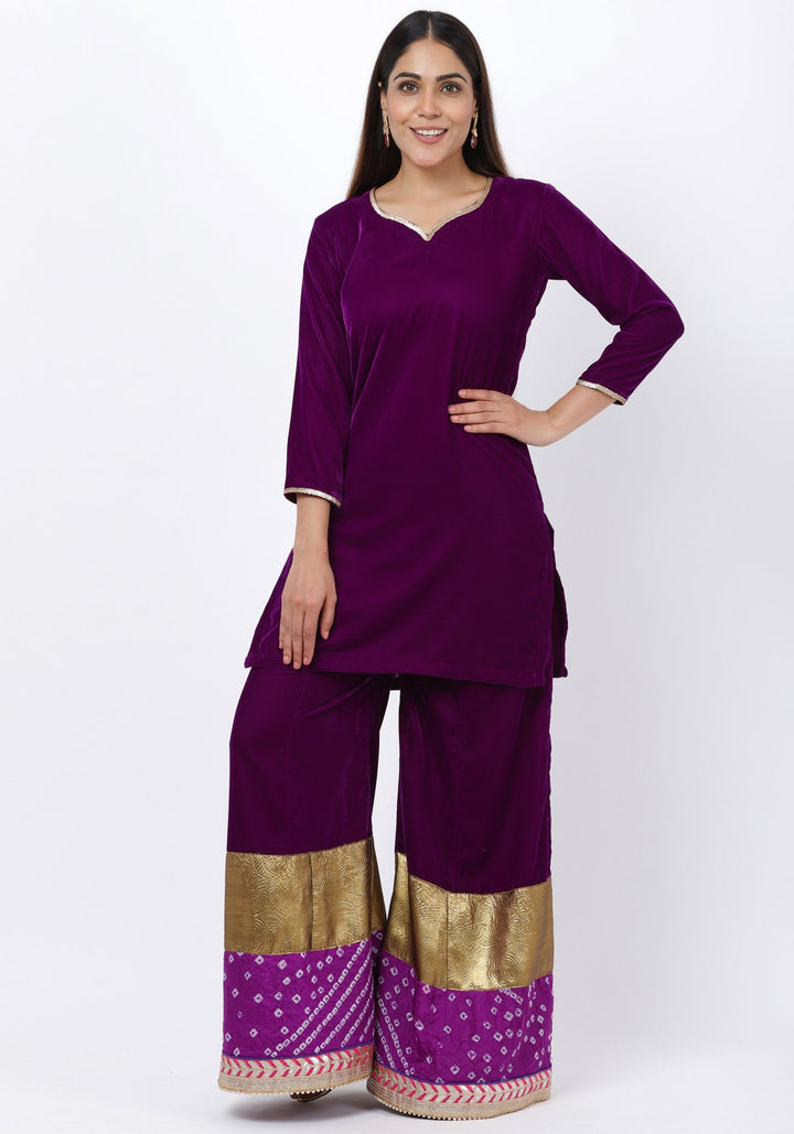 anokherang Combos Purple Velvet Short Kurti with 4-Kali Bandhani Palazzo