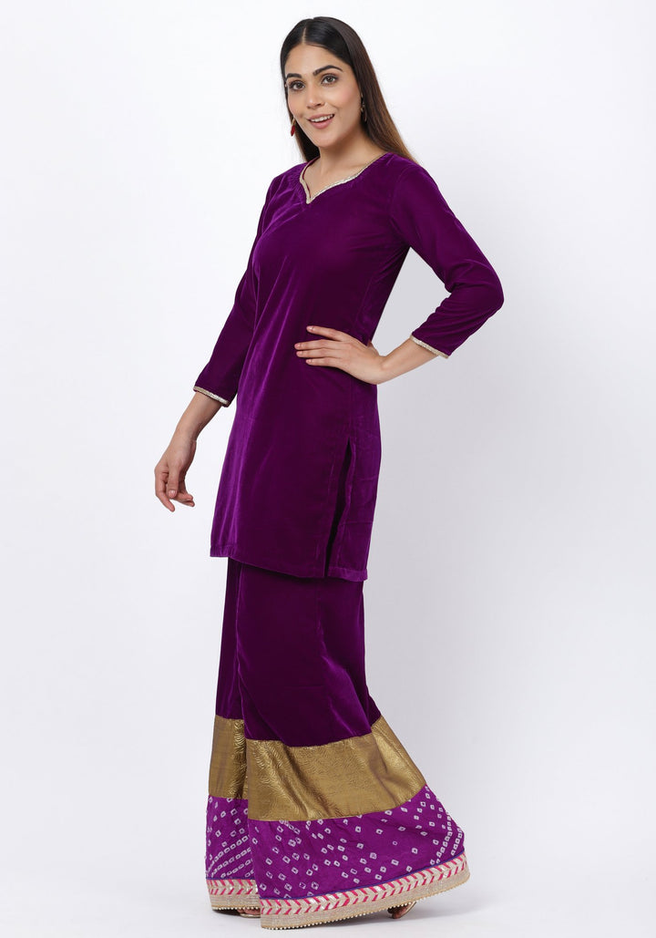 anokherang Combos Purple Velvet Short Kurti with 4-Kali Bandhani Palazzo