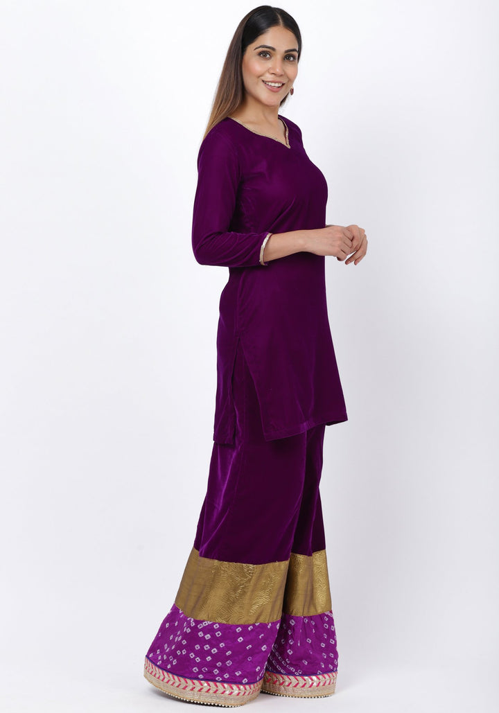 anokherang Combos Purple Velvet Short Kurti with 4-Kali Bandhani Palazzo