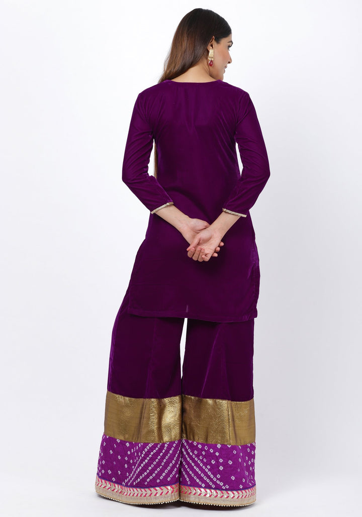 anokherang Combos Purple Velvet Short Kurti with 4-Kali Bandhani Palazzo
