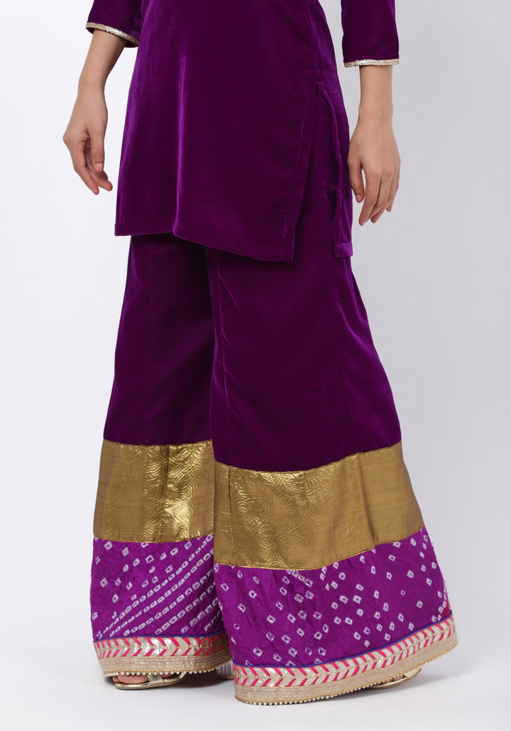 anokherang Combos Purple Velvet Short Kurti with 4-Kali Bandhani Palazzo