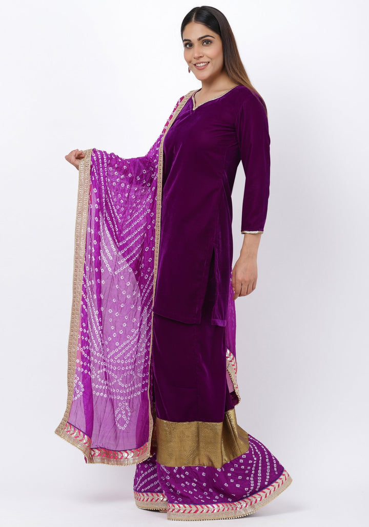 anokherang Combos Purple Velvet Short Kurti with 4-Kali Bandhani Palazzo