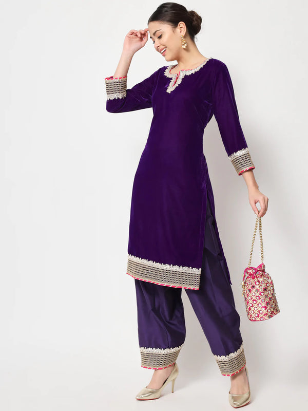 anokherang Combos Purple Velvet Short Kurti with Silk Salwar
