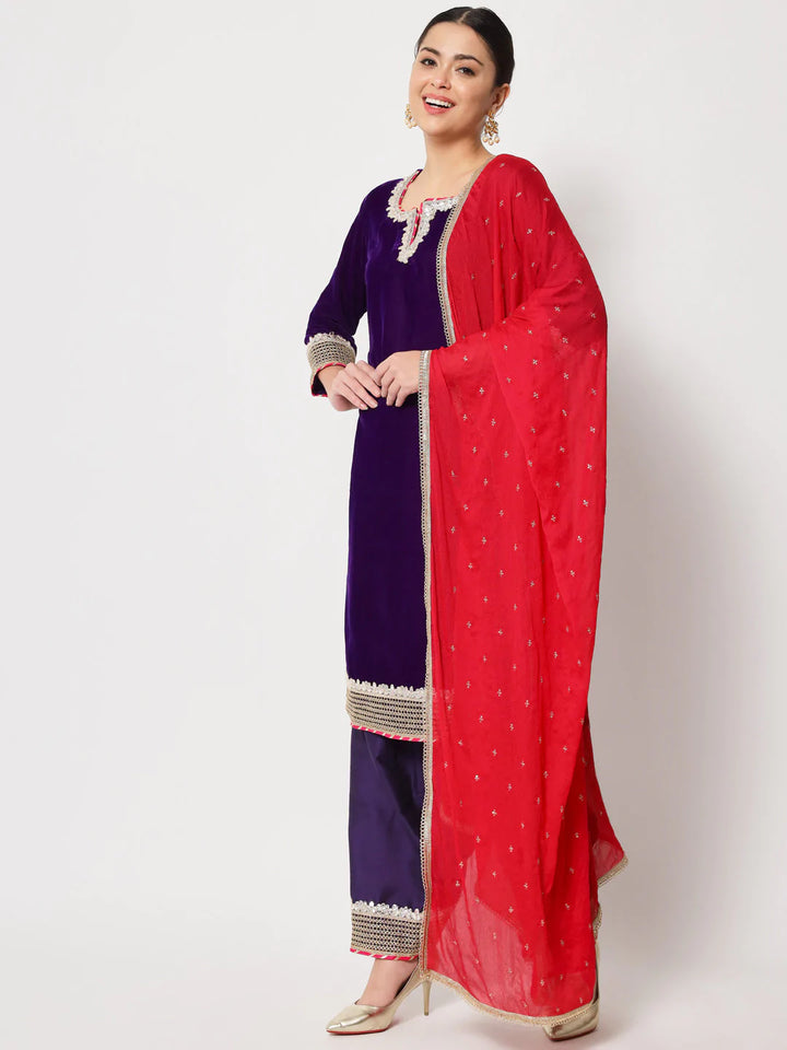 anokherang Combos Purple Velvet Short Kurti with Silk Salwar and Dupatta