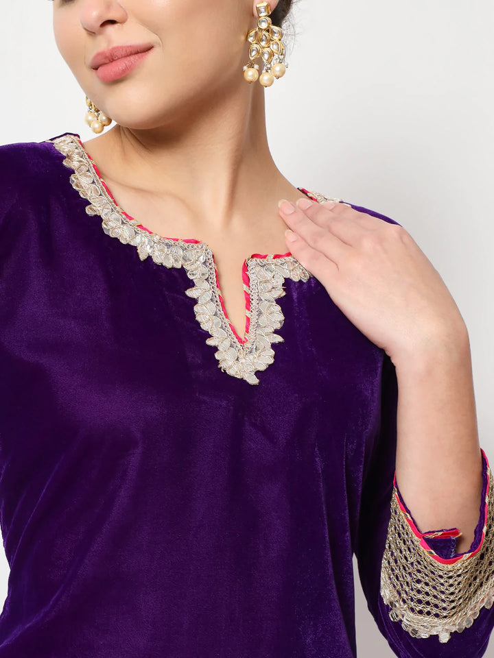 anokherang Combos Purple Velvet Short Kurti with Silk Salwar and Dupatta