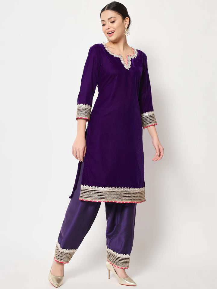 anokherang Combos Purple Velvet Short Kurti with Silk Salwar and Dupatta