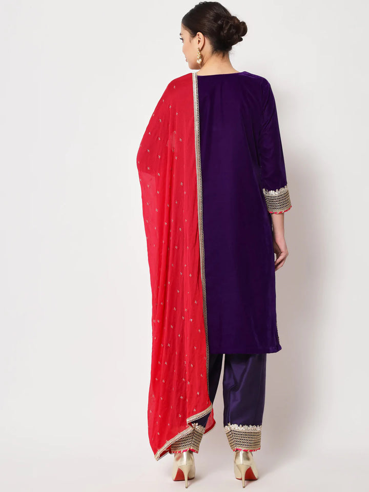anokherang Combos Purple Velvet Short Kurti with Silk Salwar and Dupatta