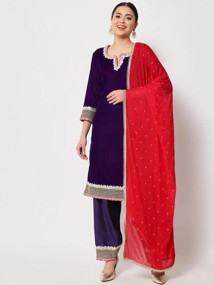 anokherang Combos Purple Velvet Short Kurti with Silk Salwar and Dupatta