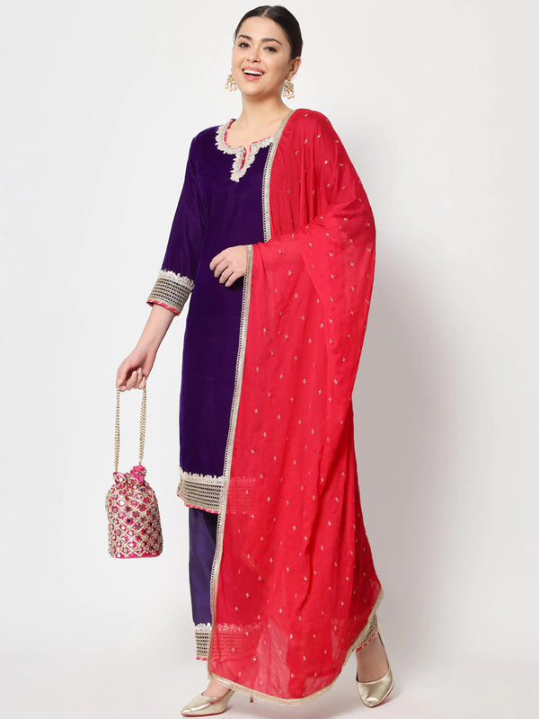 anokherang Combos Purple Velvet Short Kurti with Silk Salwar and Dupatta