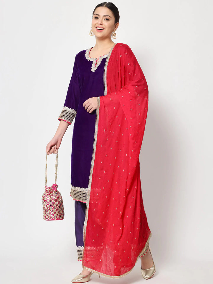anokherang Combos Purple Velvet Short Kurti with Silk Salwar and Dupatta
