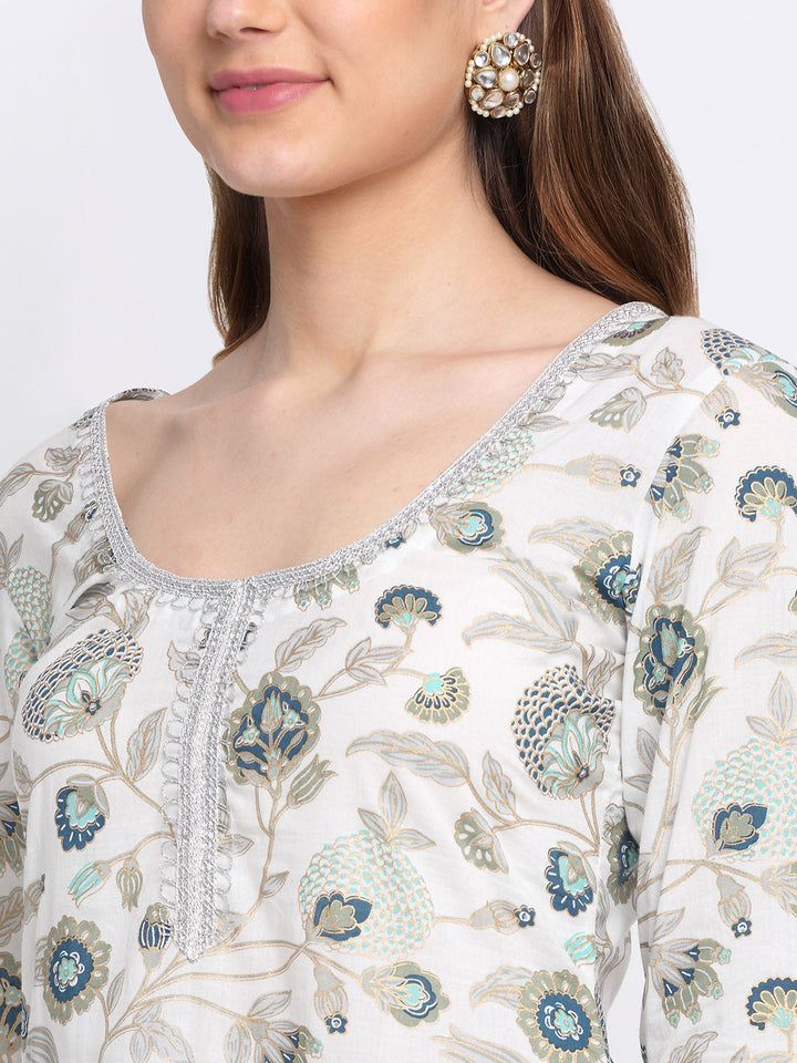 anokherang Combos Queens Daisy Floral Straight Kurti with Palazzo and Blue Dupatta