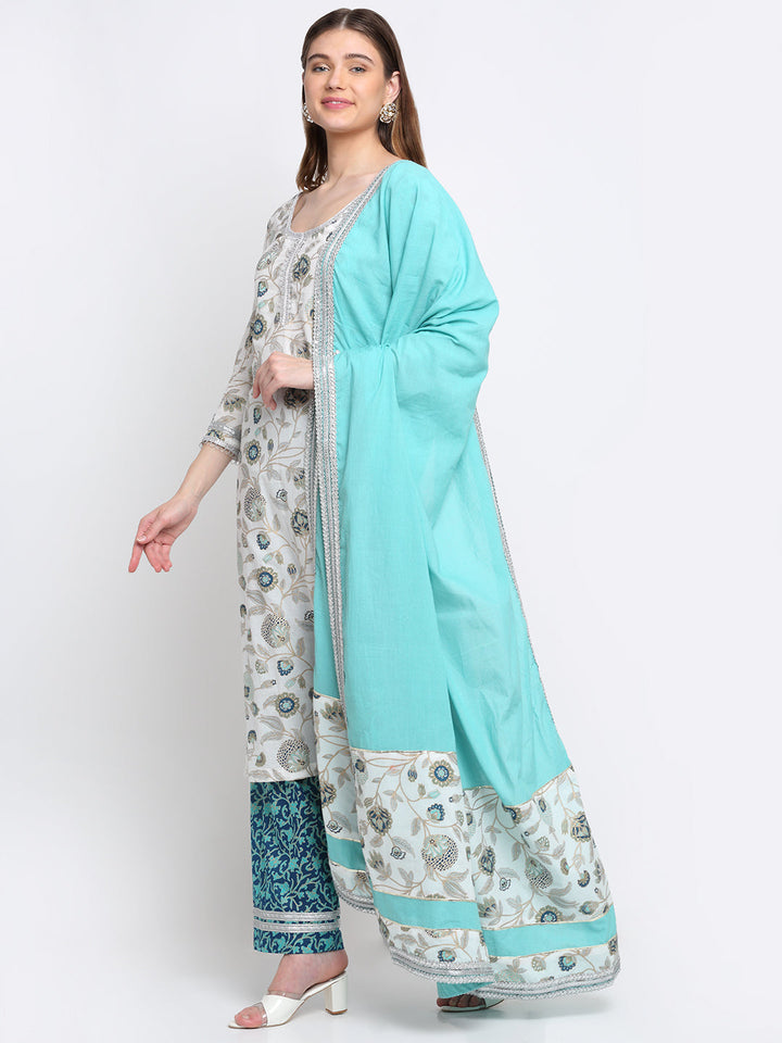 anokherang Combos Queens Daisy Floral Straight Kurti with Palazzo and Blue Dupatta