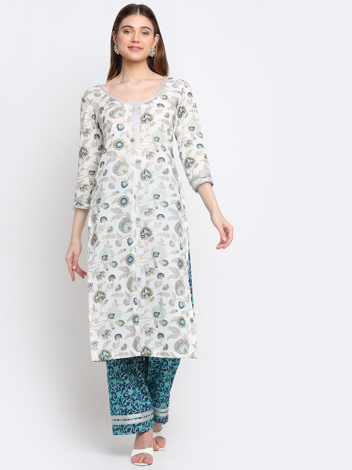 anokherang Combos Queens Daisy Floral Straight Kurti with Palazzo and Blue Dupatta