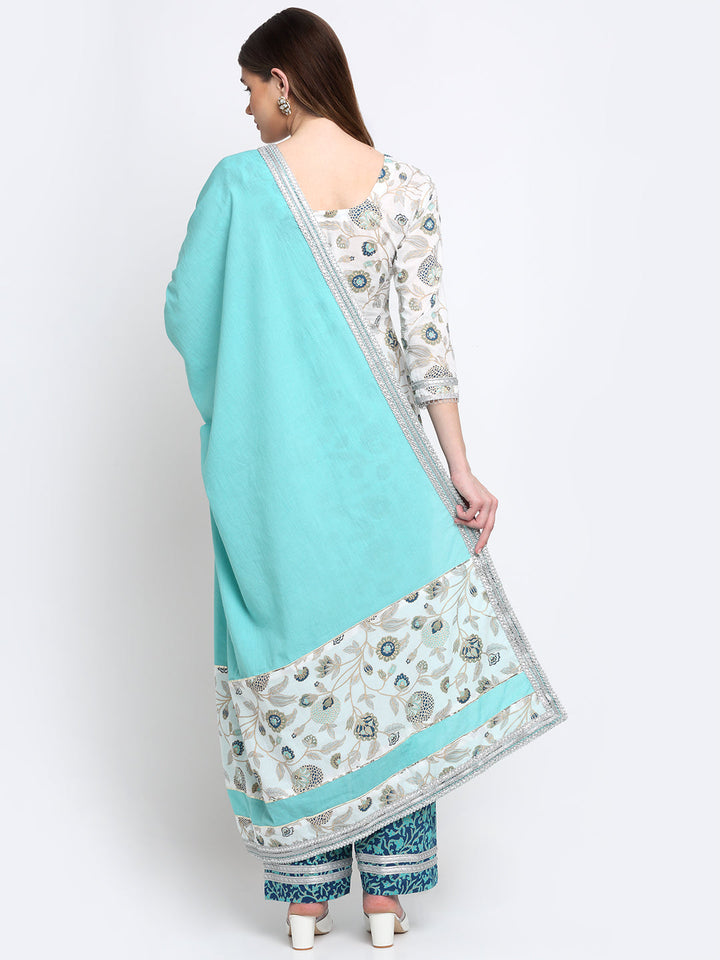 anokherang Combos Queens Daisy Floral Straight Kurti with Palazzo and Blue Dupatta